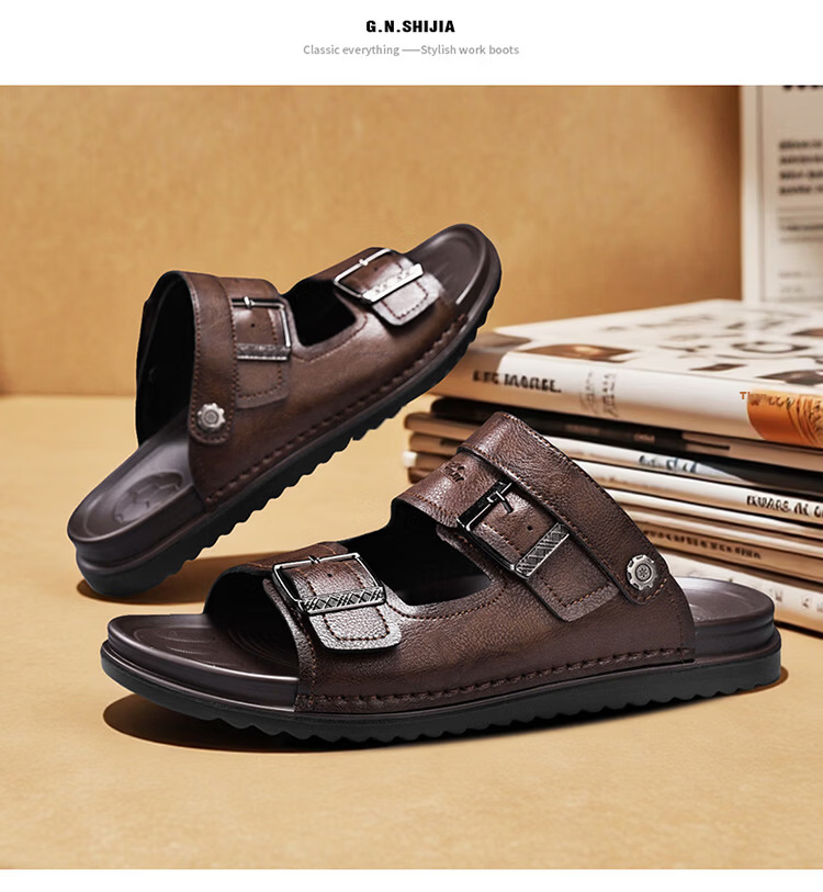 Bull Family Men's Leather Sandals Summer New Casual Outdoor Breathable Beach Shoes Men's Sports Driving Dual-Purpose Slippers 22