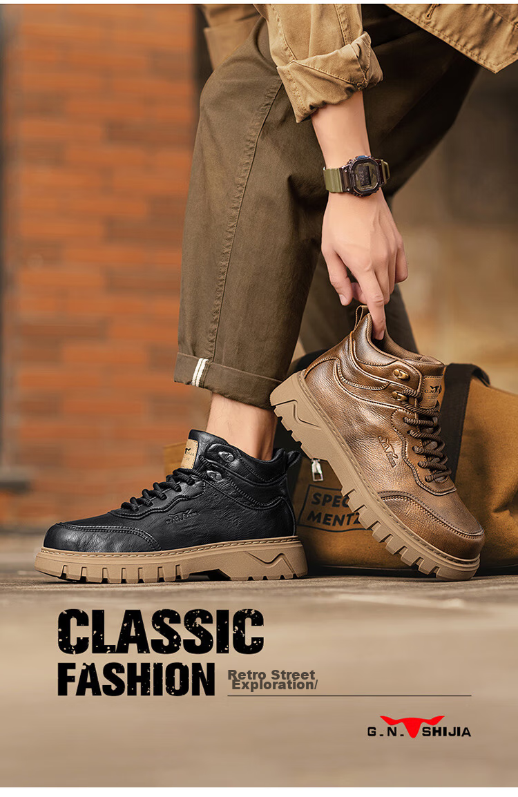 Bull Family Martin Boots Men Autumn Winter Retro British Work Boots High Top Lace-up Casual Short Boots Men's Thick Sole Height Increasing Boots 2