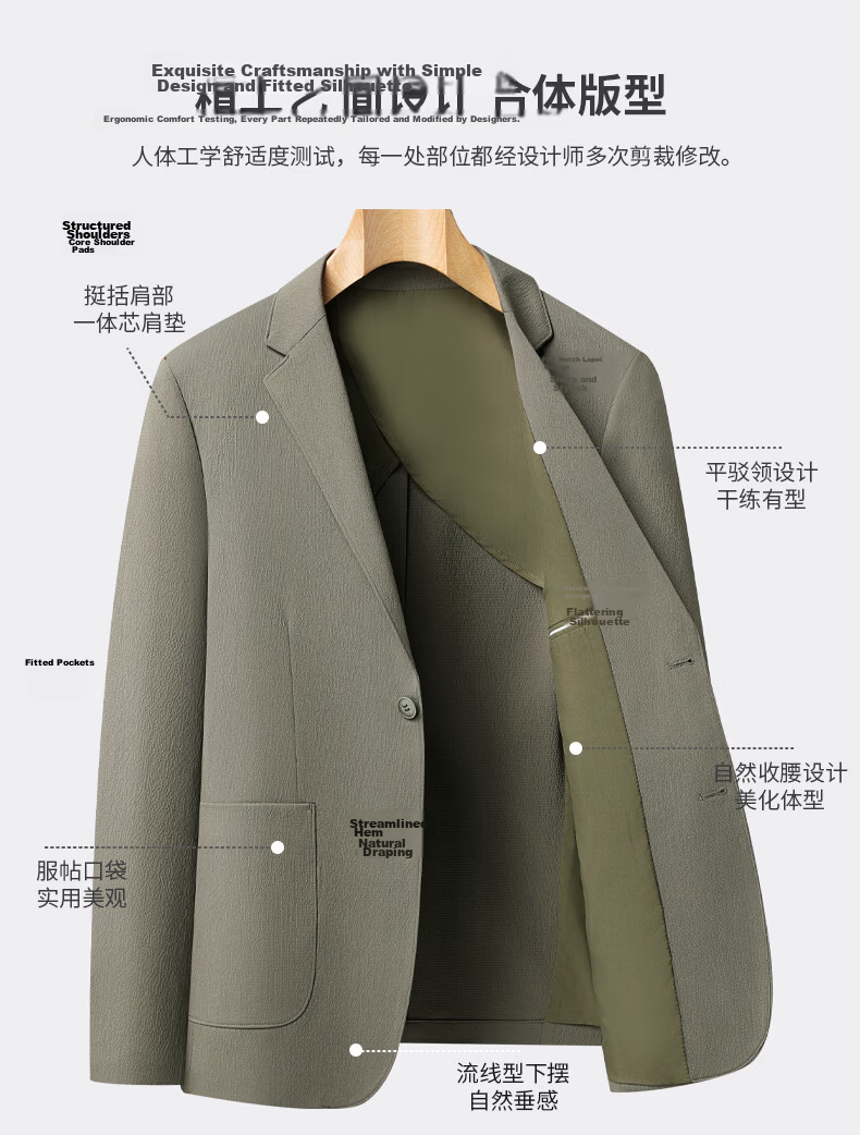 FIRS Men's Spring Summer Thin Ice Silk Bubble Yarn Half-Lined Suit Jacket Workwear Blazer 2