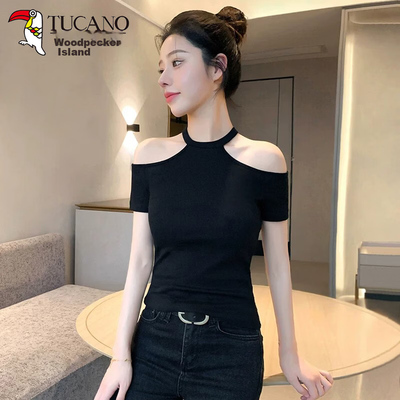 Woodpecker Women's Summer New Sexy Off-Shoulder Slim Fit Short Sleeve T-Shirt Black S