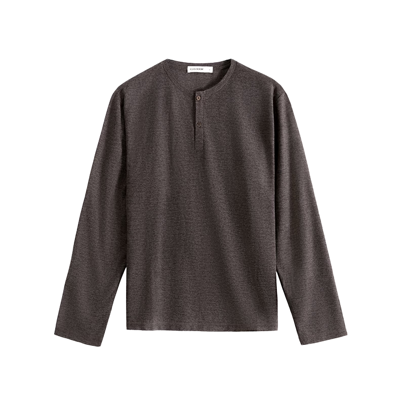 HAUT TON Fine Herringbone Texture Long Sleeve T-Shirt Men 2026 Spring Autumn New Base Layer Henley Collar Top 6002