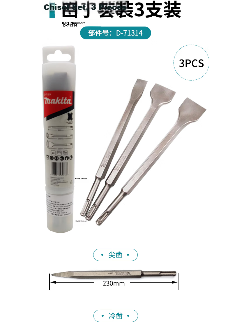 MAKITA Round Four-Groove Handle Rotary Hammer Drill Bit, Pointed Chisel, Flat Chisel Set D-53659 12