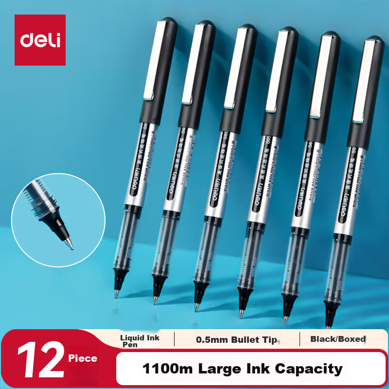 Deli 0.5mm Liquid Ink Gel Pen Bullet Tip Signature Pen Student Exam Rollerball Pen Black Office Supplies 12pcs/Box S656