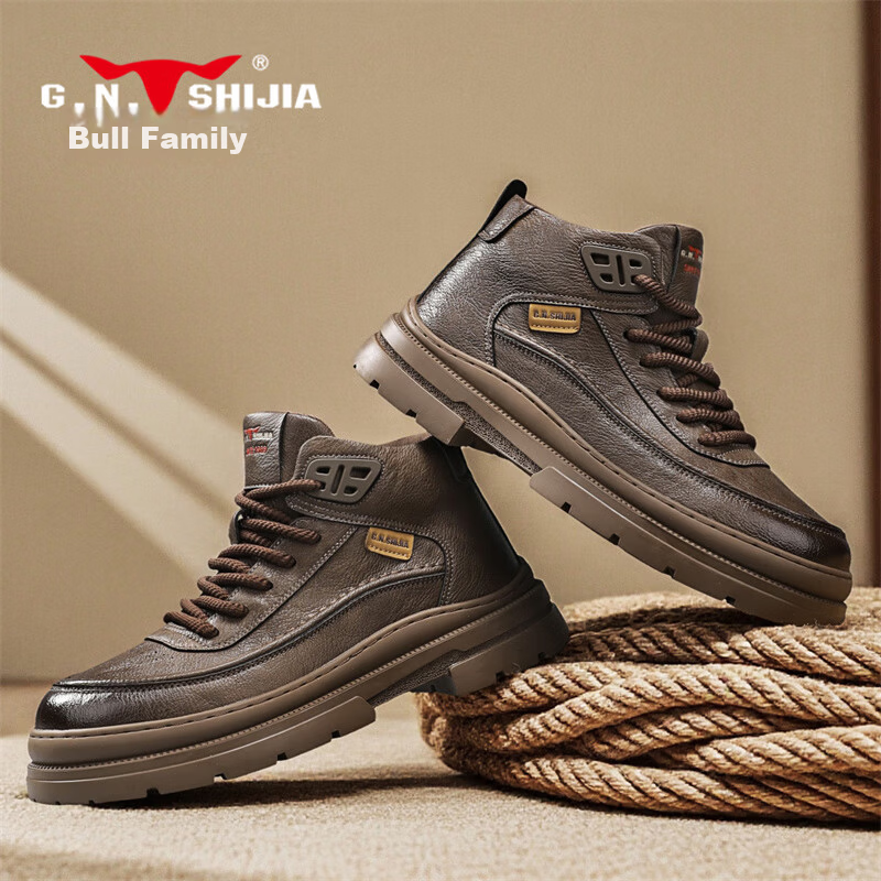 Bull Family Martin Boots Men Autumn Winter New British Style Versatile Work Boots Thick Sole Wear-Resistant Mountaineering Outdoor Hiking Shoes Men