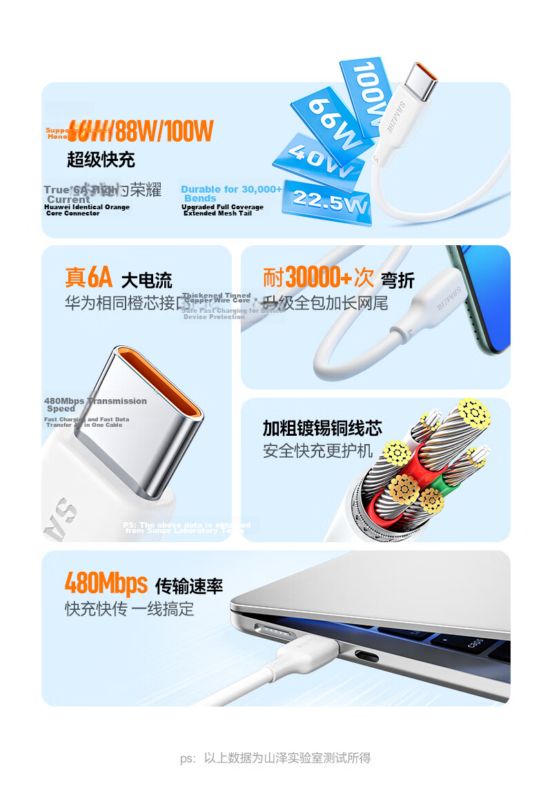 Sanze Type-C Data Cable 100W/66W Super Fast Charging 6A for Huawei Honor Pura80/70/Mate70/60Pro Android Car Charger 1.5m 3