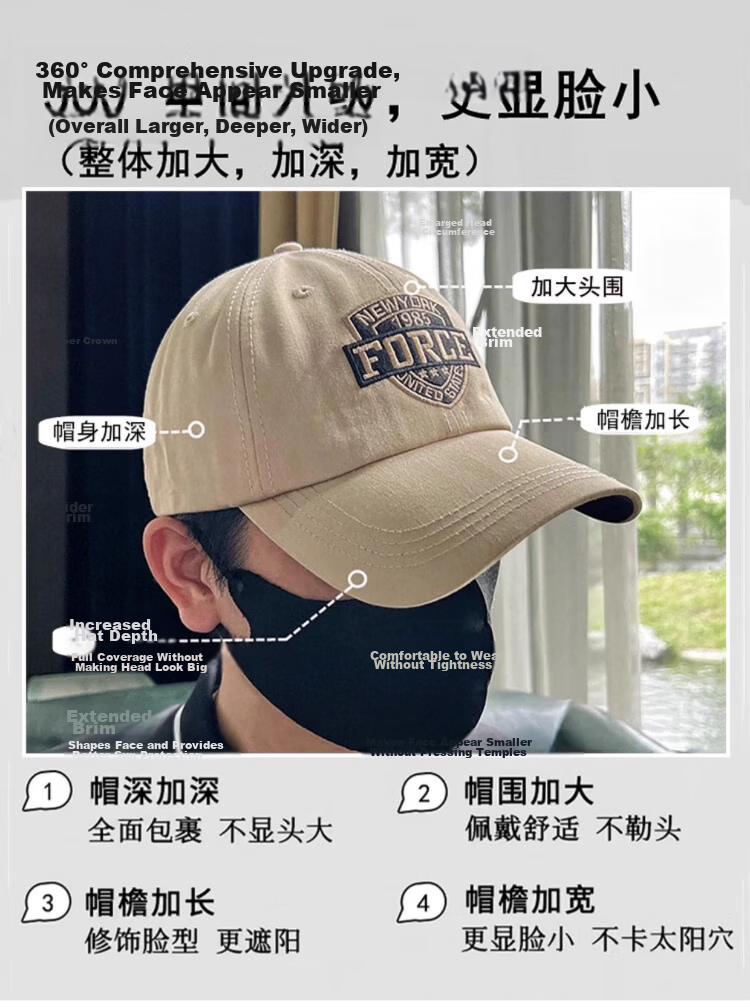 Miiow Men's Large Size Adjustable Wide Baseball Cap Duckbill Hat Khaki Sunshade Slim Face 2