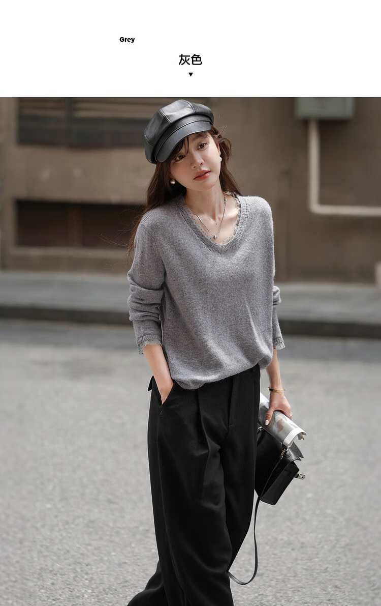 Mt 【Cozy Wool】Autumn Luxury Patchwork V-Neck Soft Loose Knit Sweater for Women 9