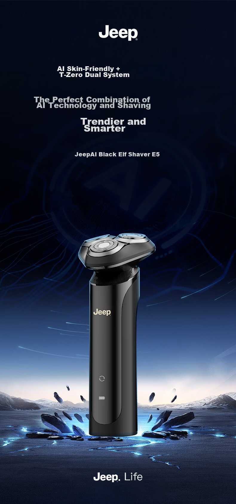 JEEP E5 Electric Shaver AI Smart Facial Sensor Men's Razor Fast Charging 3D Floating Head Fully Washable Gift for Boyfriend Husband Father 6