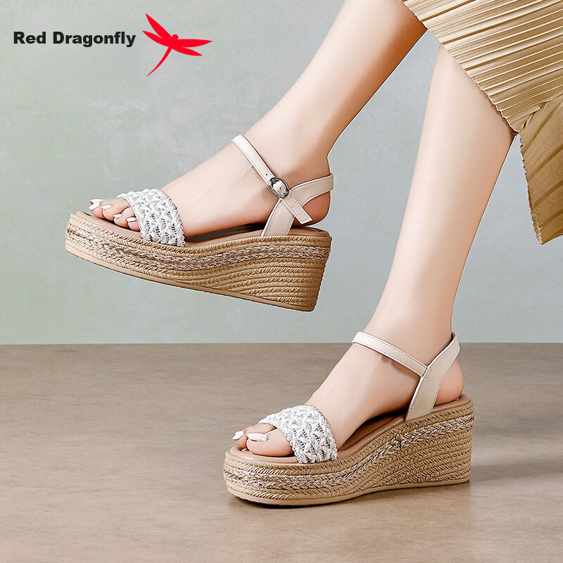 Red Dragonfly Women's Wedge Sandals Thick Sole One-Strap Casual Shoes Height Increasing Soft Sole Beach Shoes WLK266892 Beige Size 35