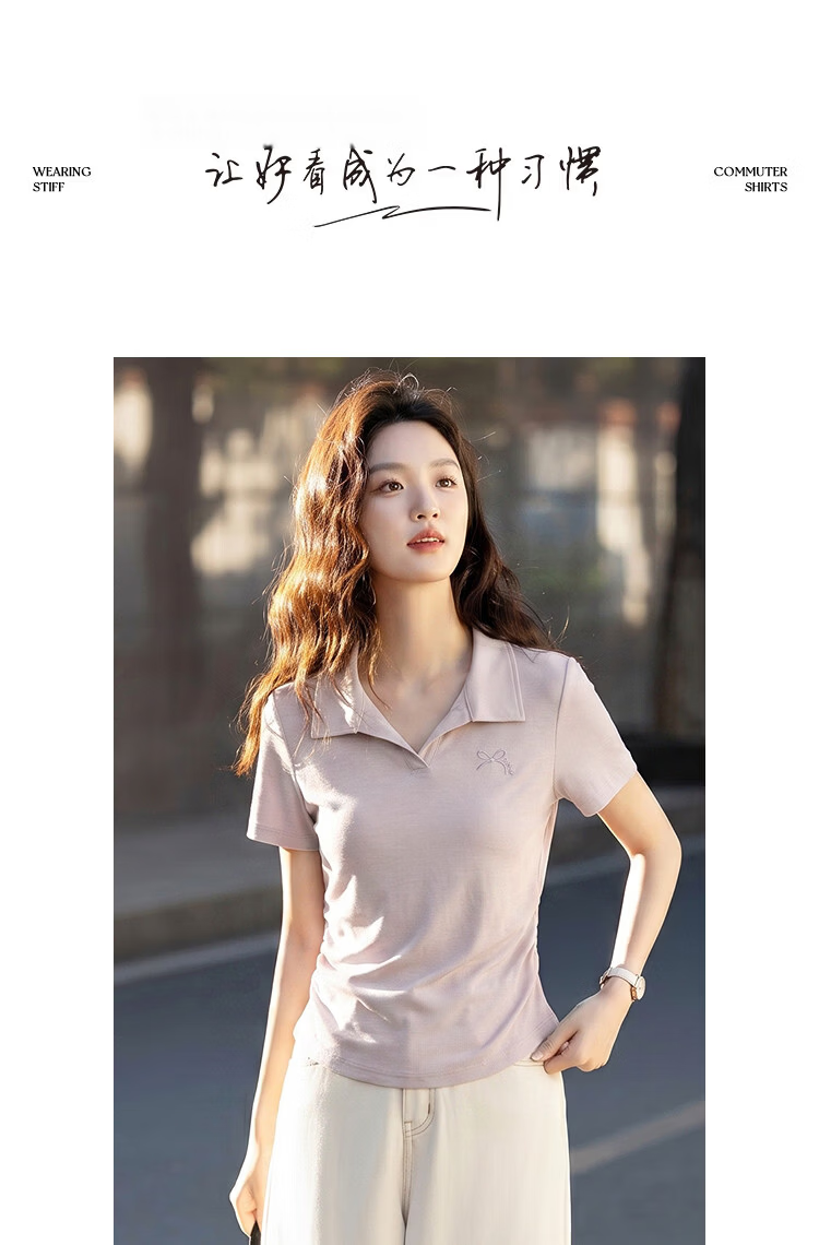 Demana [Comfort Cloud Cotton] Summer Simple Style Lapel Elastic Side Seam Bow Embroidery Slim Fit T-Shirt for Petite Women 8