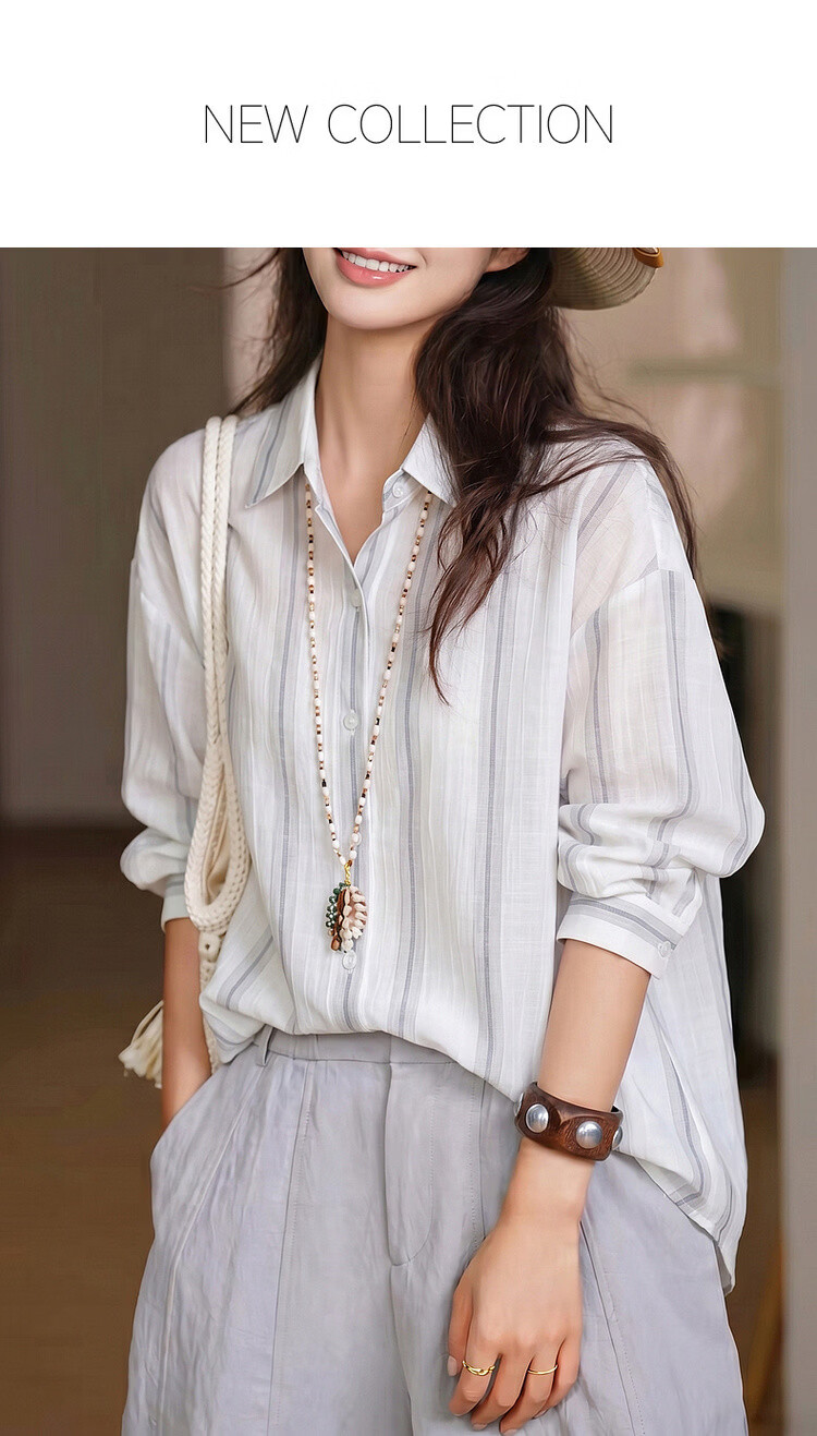Dme [Lightweight Lyocell] Autumn Simple Style Striped Texture Lapel Long-Sleeve Loose Outer Wear Relaxed Women's Blouse 1