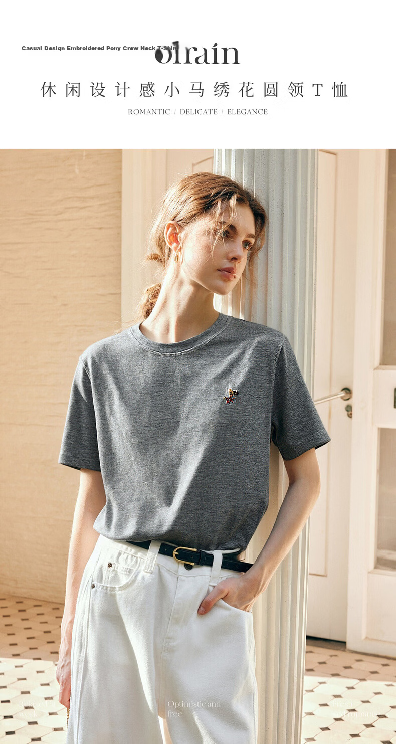 Olrain Eurail Summer New Round Neck Casual Fashion Versatile Embroidered Short Sleeve T-Shirt for Women Gray S 1