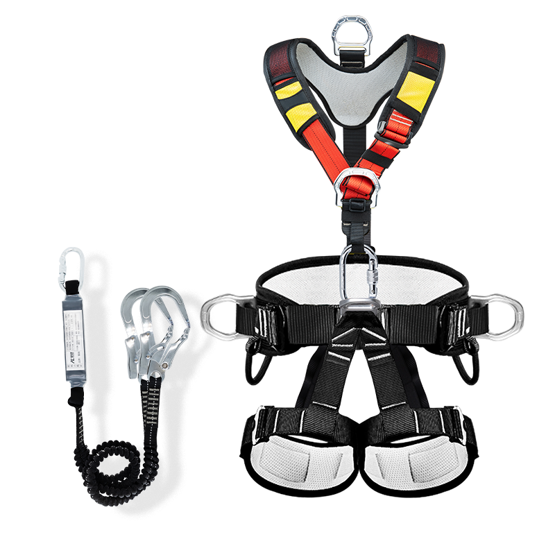 Kanle Five-Point Full Body Safety Harness for Outdoor High-Altitude Work, Fall Protection, National Standard Safety Rope, Mountain Climbing Rescue, Air Conditioning Installation Safety Harness + Double Steel Large Hook + Shock Absorber Pack