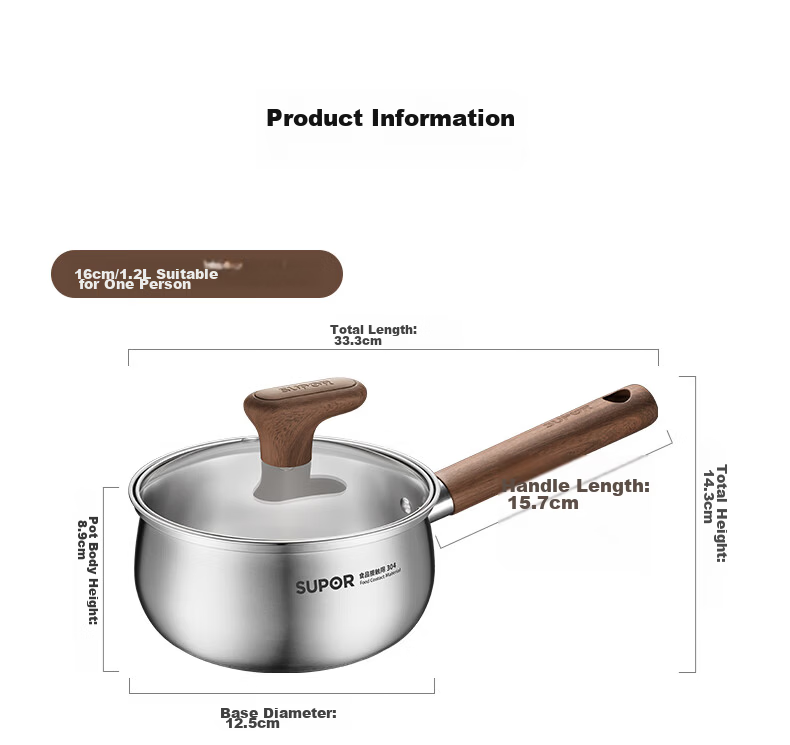 SUPOR 304 Stainless Steel Soup Pot Milk Pot Noodle Pot Wood Grain Handle 18cm Universal Bottom ET18JHBS01-WD 15