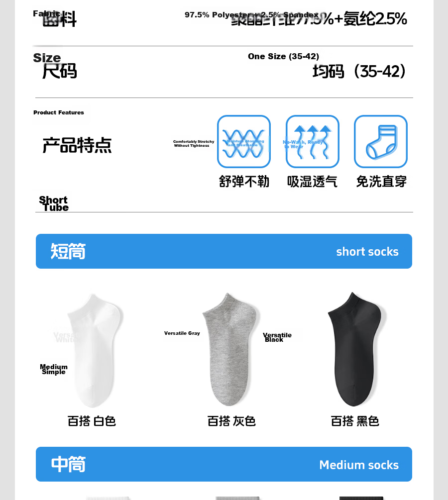 Kelorock Disposable Short Socks Unisex Black and White 20 Pairs Travel Portable Wash-Free Socks 17