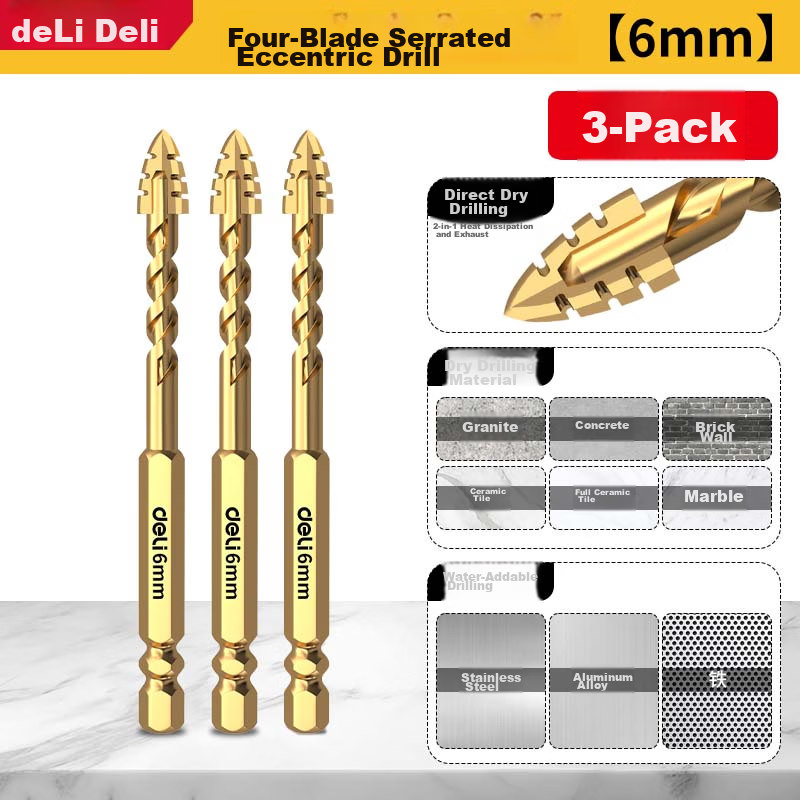 Deli 6mm 3-Pack Four-Blade Serrated Eccentric Drill Bits for Tile Drilling High Hardness Dry Wear-Resistant