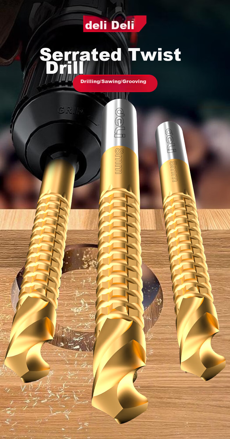 Deli Multifunctional Serrated Twist Drill 3-in-1 Saw Drill Groove Punch Slotting Serrated Woodworking Drill Bits 6mm 3pcs 1