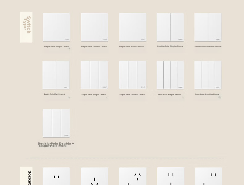 CHNT Switch Socket No-Paint Cream Style Large Panel Socket Faceplate Concealed X1M One-Gang Single-Control Five-Hole 44