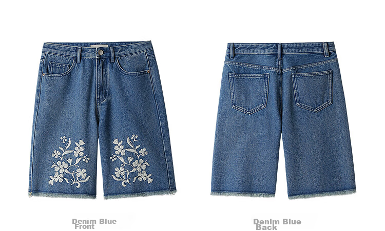 INMAN 100% Xinjiang Cotton Vintage Embroidered Denim Shorts 26 Summer Women's New Raw Hem Mid-Length Pants Denim Blue 28 20