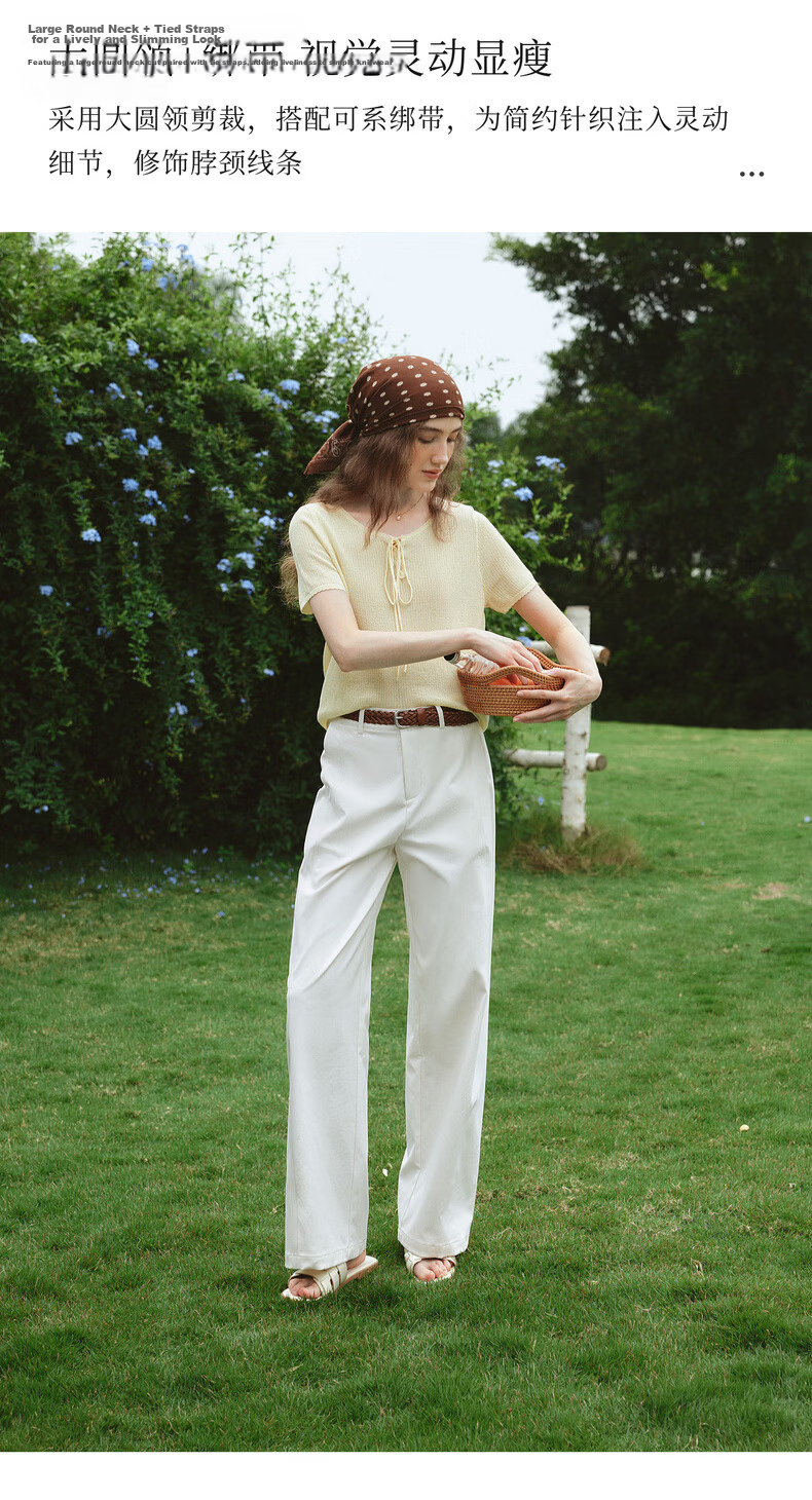 Olrain Summer New Vacation Style Large Round Neck Tie Pullover Knitwear Women Casual Top Yellow L 3