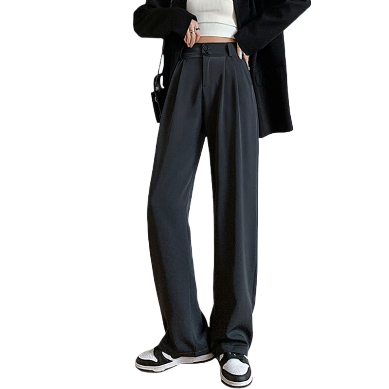 LangSha Women's High-Waist Wide-Leg Suit Pants Spring Autumn Draped Straight-Leg Slim Black Trousers