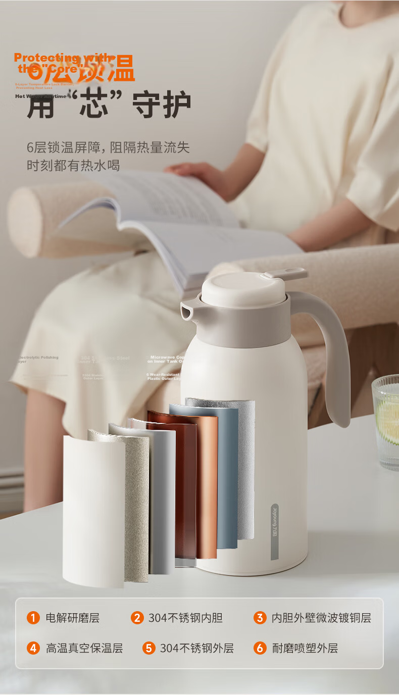 Joyoung Insulated Bottle, Household Use, 304 Stainless Steel Inner Liner, Thermos Water Bottle, Home Warm Bottle, Outdoor Large Capacity 2LWF201 Natural Color 5