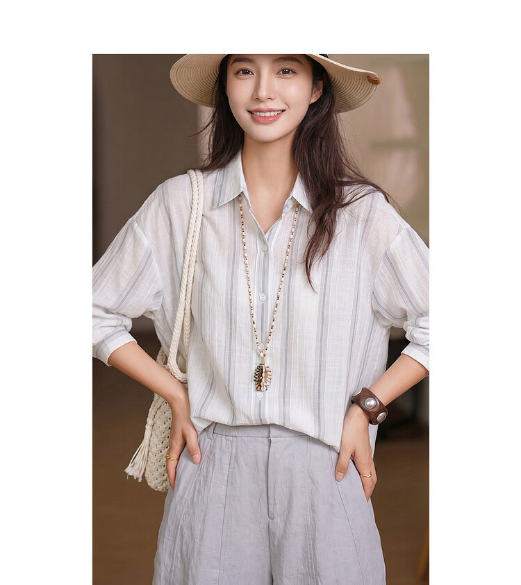 Dme [Lightweight Lyocell] Autumn Simple Style Striped Texture Lapel Long-Sleeve Loose Outer Wear Relaxed Women's Blouse 11