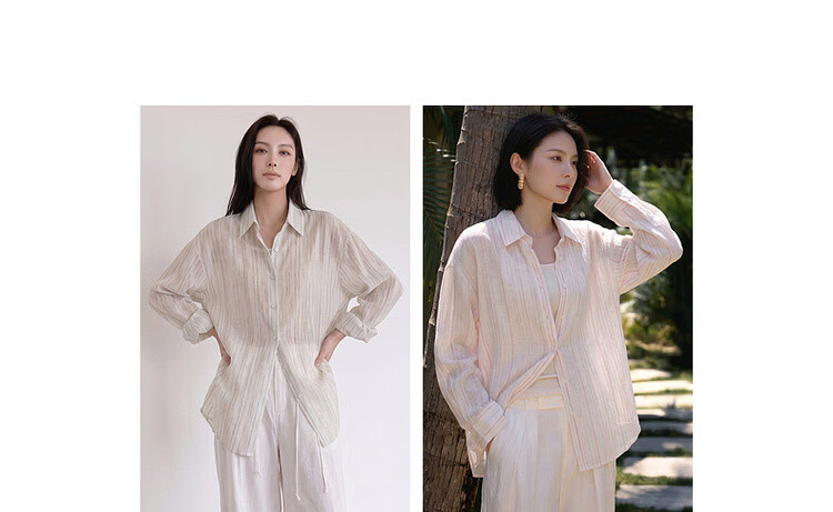Dme [Lightweight Lyocell] Autumn Lightweight Commuter Striped Textured Lapel Long-Sleeve Loose Draping Women's Shirt for Layering 6