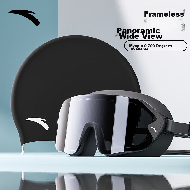 ANTA Large Frame Swimming Goggles Unisex Anti-Fog Waterproof Adult Plano Swimming Goggles with Swim Cap Set Black + Black Swim Cap
