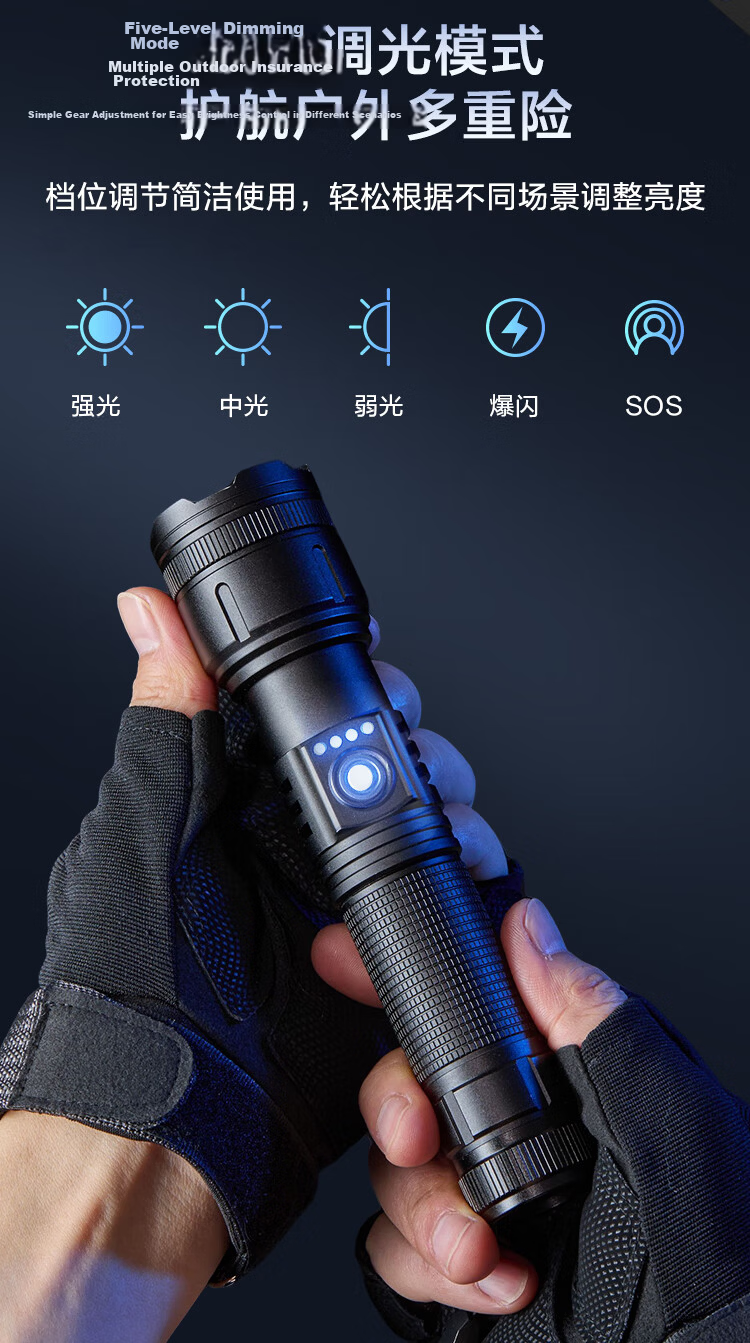 JD Original High-Intensity Zoomable Flashlight, 1500 Lumens, Long-Lasting Battery Life, Outdoor Survival, Rechargeable, Multifunctional, Portable for Home Use 8