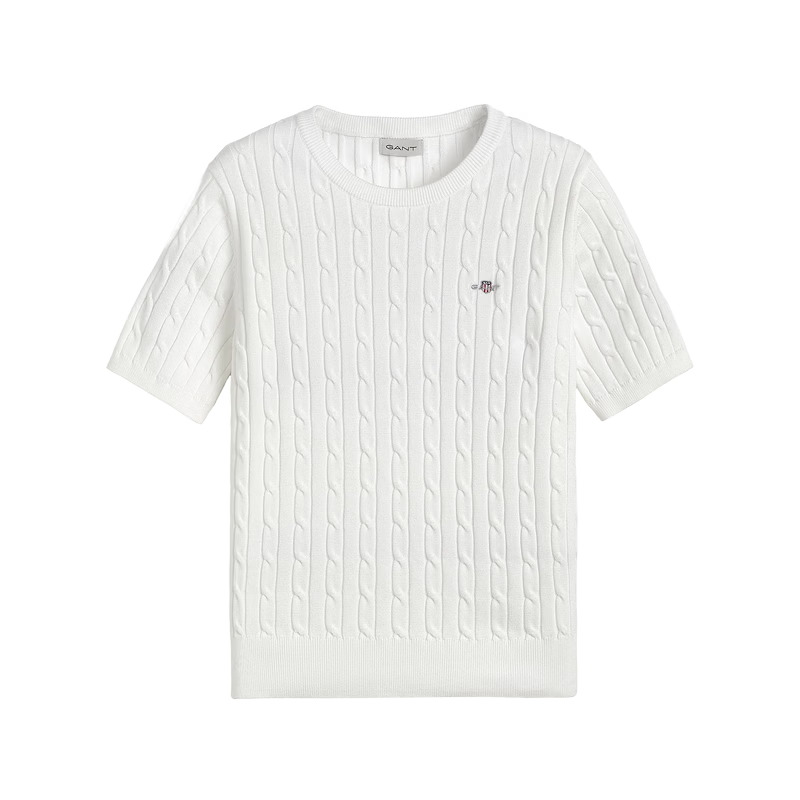 GANT Women's Spring Summer Slim Fit Round Neck Elegant Cable Knit Short Sleeve Sweater 115-White S