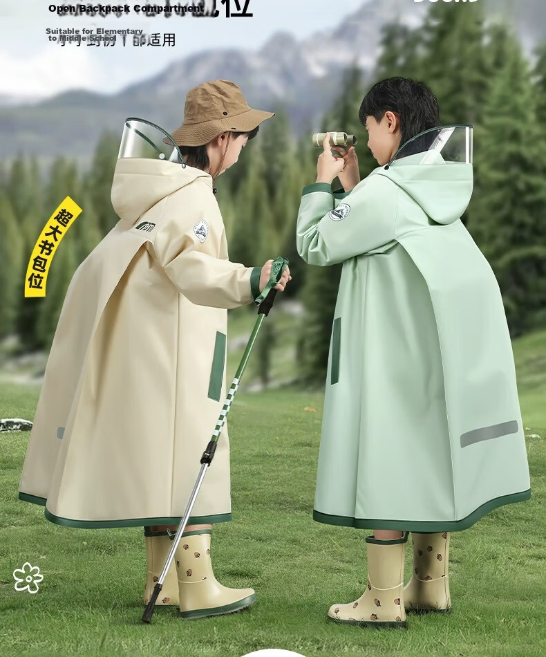 Beimei Children's Raincoat Long Full-Body Waterproof School Rain Poncho with Backpack Cover for Boys and Girls 6