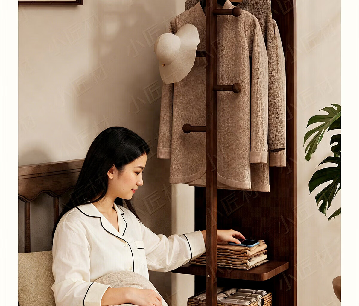 Xiaojiangcai Full-Length Rotating Dressing Mirror with Coat Rack, Movable Bedroom Wardrobe Mirror, 170cm Walnut 26