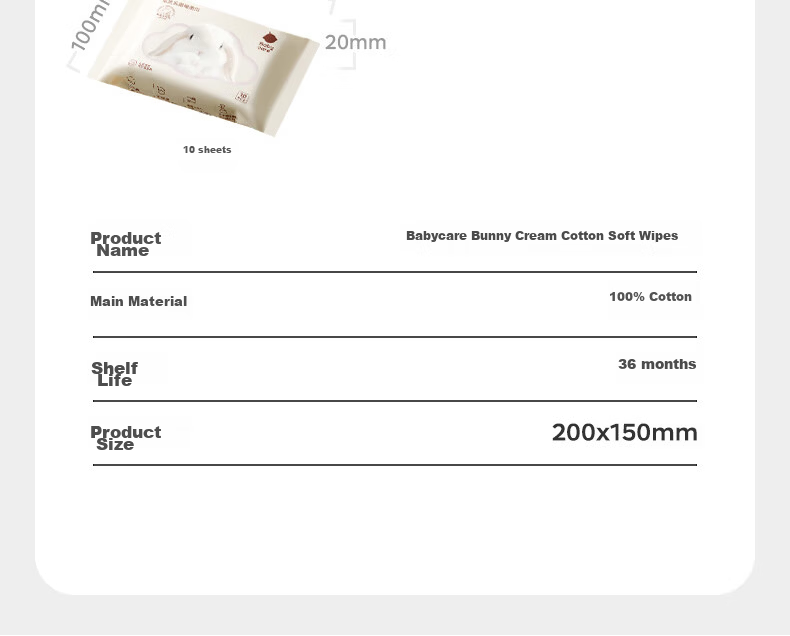 Babycare Bunny Cream Cotton Soft Wipes 100% Cotton Baby Dry and Wet Dual-use Facial Wipes Disposable Face Towels 70 Sheets Pack 19