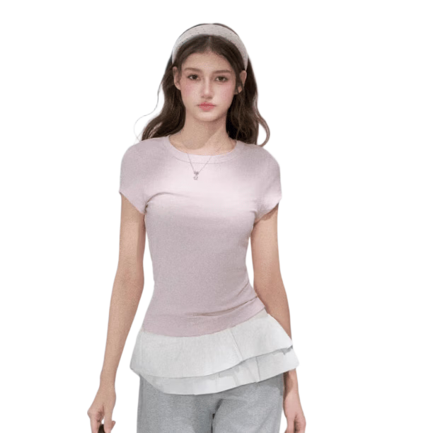 ICH MODE Lyocell Slim Fit Short Sleeve T-Shirt for Women Skin-Friendly Cooling Flutter Sleeve Slimming Top Pink S