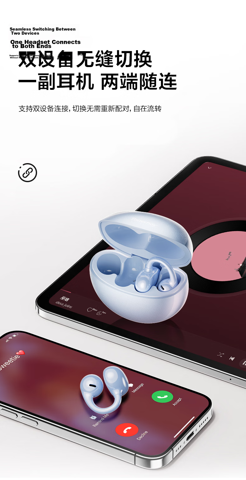 Tangmai Q5 Open-Ear Clip-On Bluetooth Bone Conduction Wireless AI Translation Sports Running Sweatproof Gaming Low Latency Long Battery Life Noise Cancelling Valentine's Day New Year Gift Blue 30