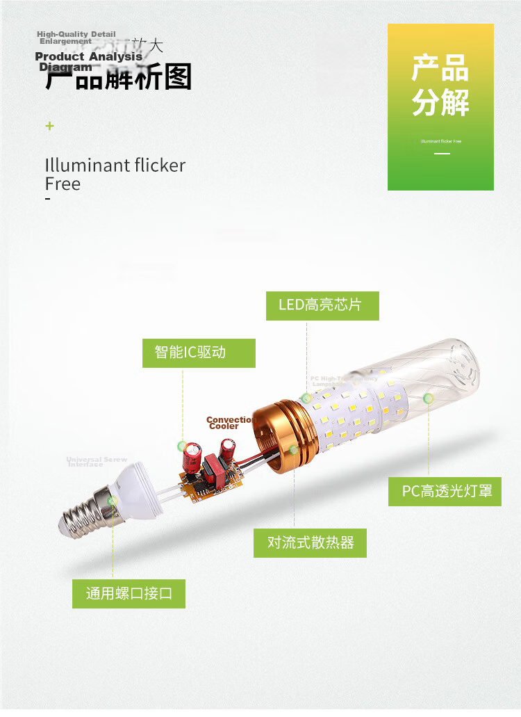 Jinggong LED Corn Bulb Energy-saving Bulb E27 Large Screw Base High Power Three-color Dimmable Decorative Light 12W Tri-color Dimming 6