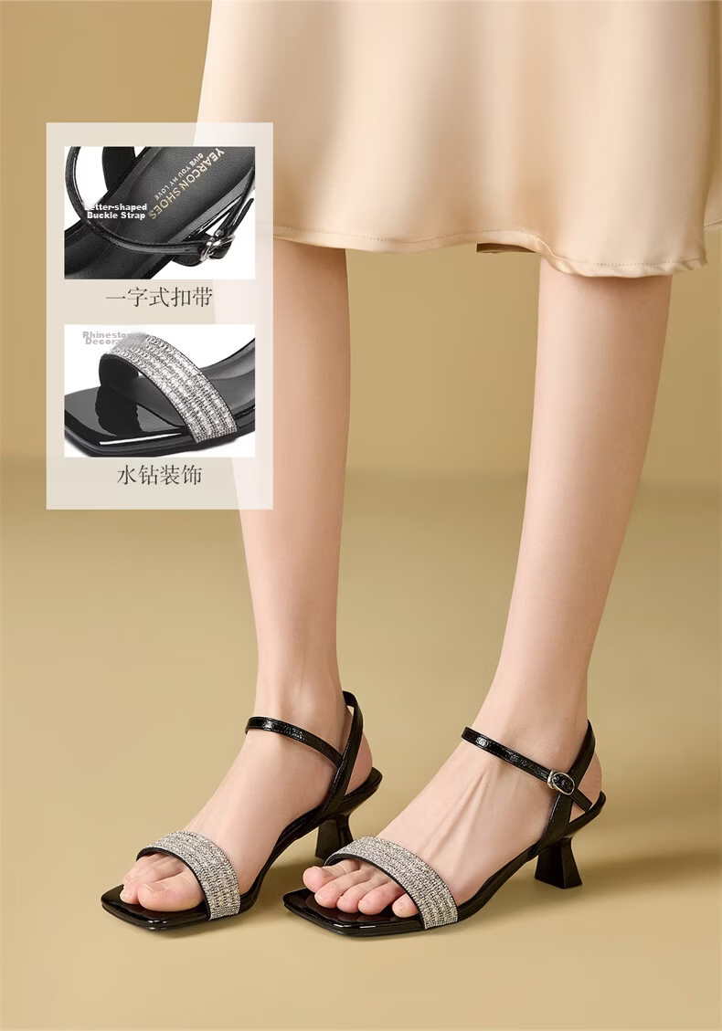 Eierkang Women's One-Strap Rhinestone Stiletto Fashion Sandals Open Toe High Heel Sandals 49718W Black Size 35 8