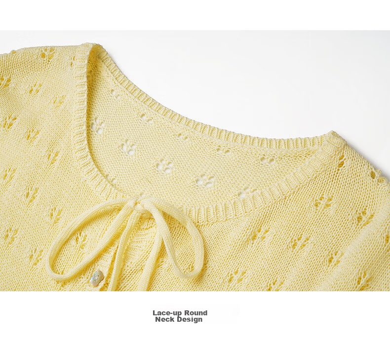 Olrain Summer New Round Neck Tie Single-Breasted Hollow Jacquard Knit Cardigan Women Top Yellow S 21