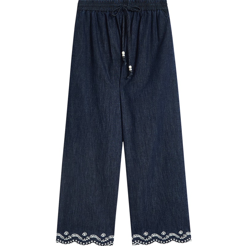 INMAN Hemp Cotton Embroidered Natural Color Denim Wide-Leg Pants 26 Summer New Drawstring Cropped Trousers Deep Denim Blue M