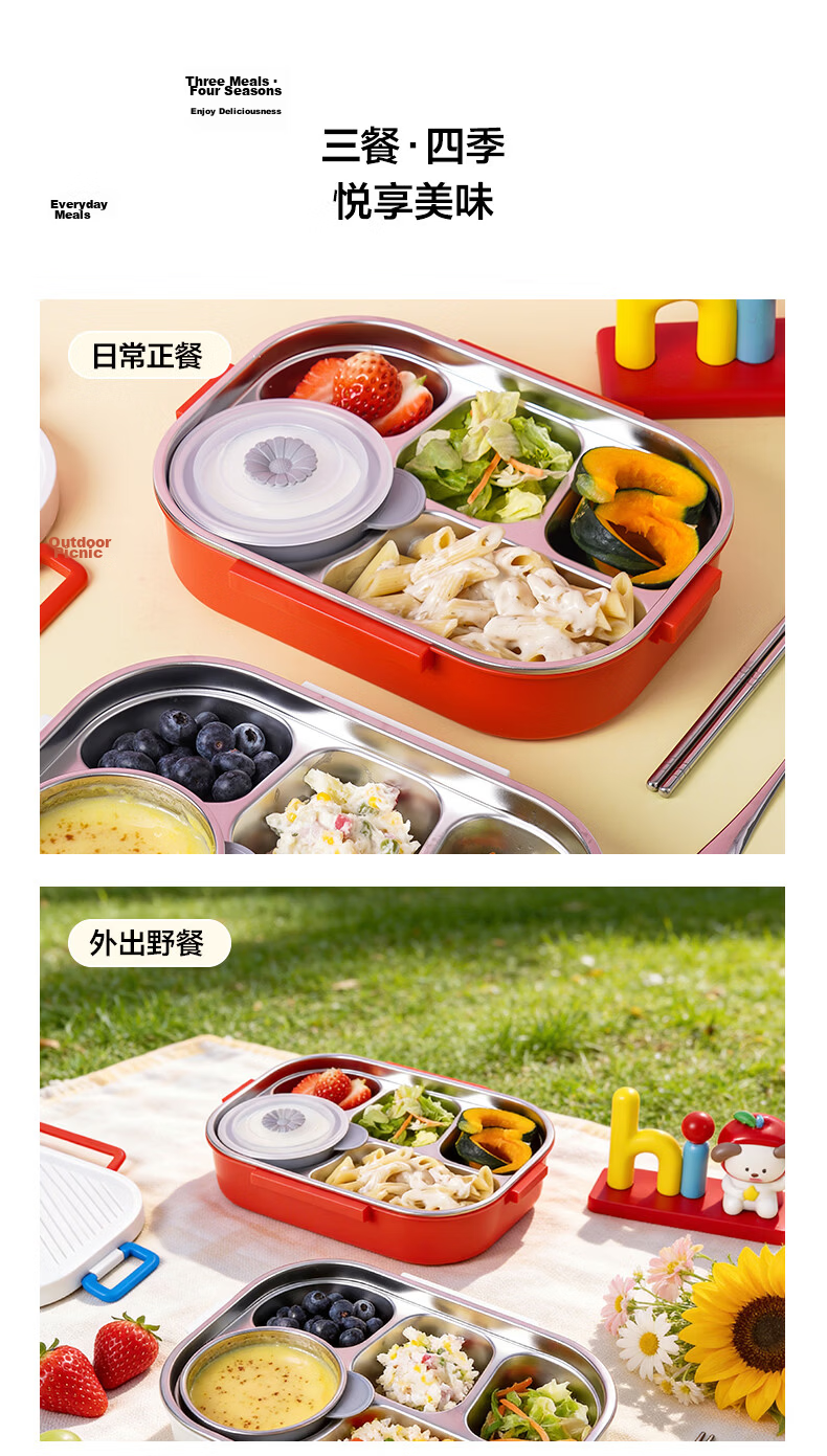 LOCK&LOCK Diamond Pattern Large Capacity Stainless Steel 5-Compartment Lunch Box 1.5L Gray with Free Lunch Bag 10