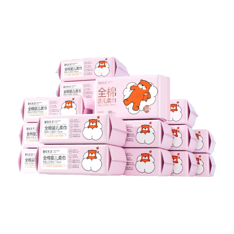 Fluffy Life 100% Cotton Baby Soft Wipes 80 Sheets x 18 Packs Disposable Facial Towels Dual-use for Dry and Wet Baby Care