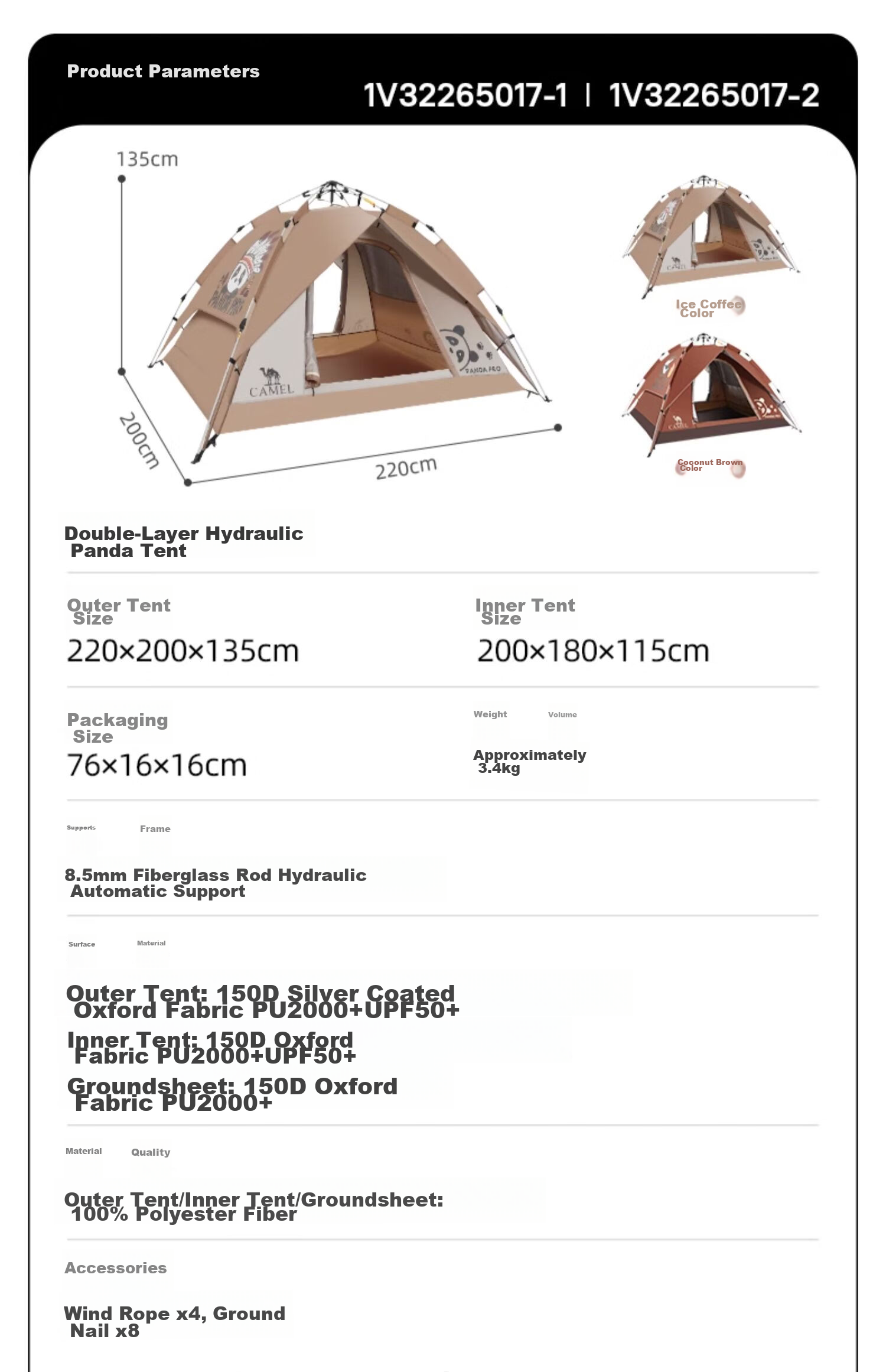 CAMEL Outdoor Black Gel Tent, Portable Folding Fully Automatic Thickened Camping Double-Person Sun Protection Rainproof A111-3 Sand Gold 14