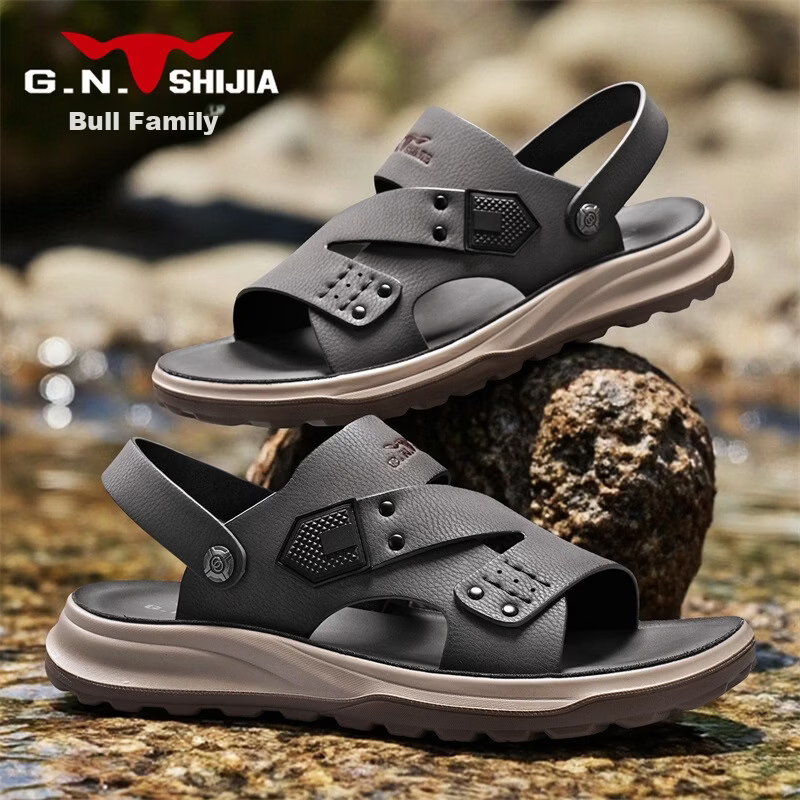 Bull Family Men's Leather Sandals Summer New Soft Sole Comfortable Dual-Purpose Outdoor Casual Beach Shoes