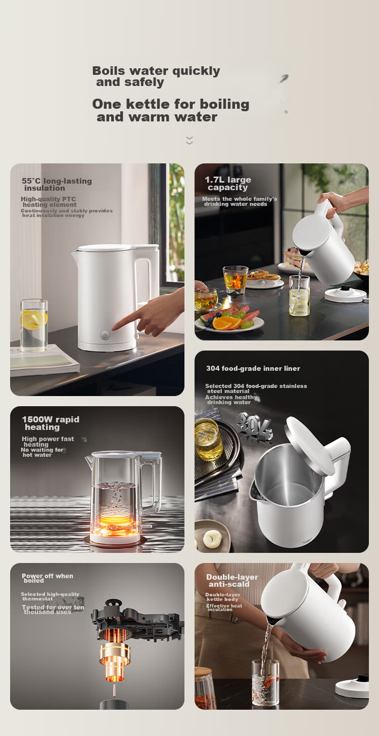 JD Jingzao Exclusive 0 Plastic 0 Glue 0 Odor Constant Temperature Electric Kettle 316L Stainless Steel Automatic Power-Off 55°C Keep Warm 1.7L Seamless Integrated Inner Liner One-Piece Molded 0 Glue S 2