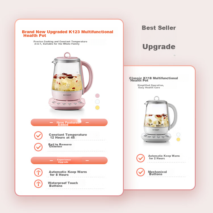 Buydeem Glue-Free Multifunctional Herbal Health Pot Temperature-Controlled Mini Glass Tea Kettle 1.5L K123 Off-White 1