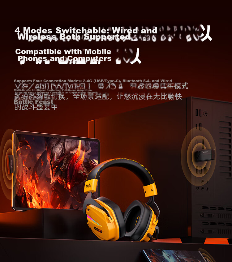 Taidu THS326 Quad-Mode Gaming Headset Bluetooth Wireless Over-Ear 7.1 Surround Sound Wired Esports Delta Operation Valorant FPS Positional Audio Lightning Yellow 14
