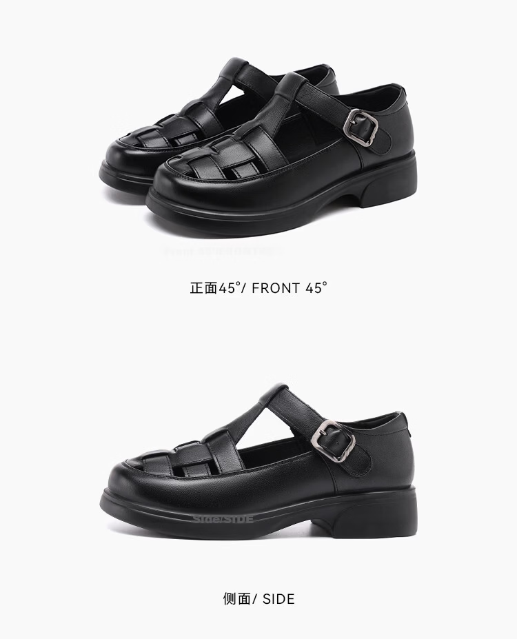 Red Dragonfly Women's Roman Sandals Summer Cowhide Closed-Toe Hollow Mary Jane Soft Sole Shoes WTB267381 Black Size 35 8