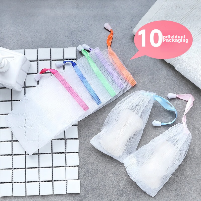 Hepo Foaming Net 10-Pack for Facial Cleanser, Disposable Foaming Mesh Bag for Travel Soap and Face Wash Foam Generation