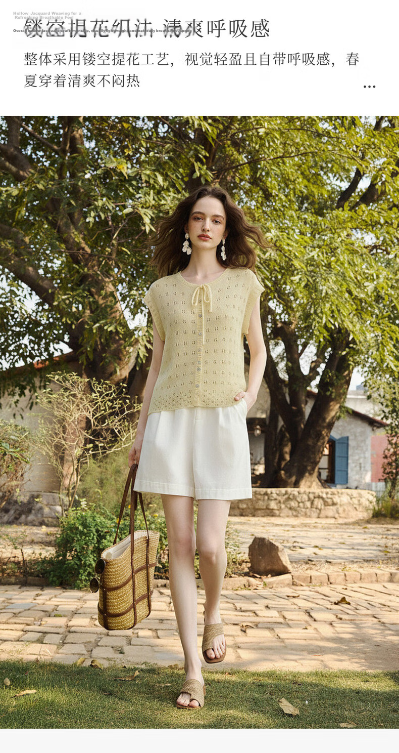 Olrain Summer New Round Neck Tie Single-Breasted Hollow Jacquard Knit Cardigan Women Top Yellow S 5